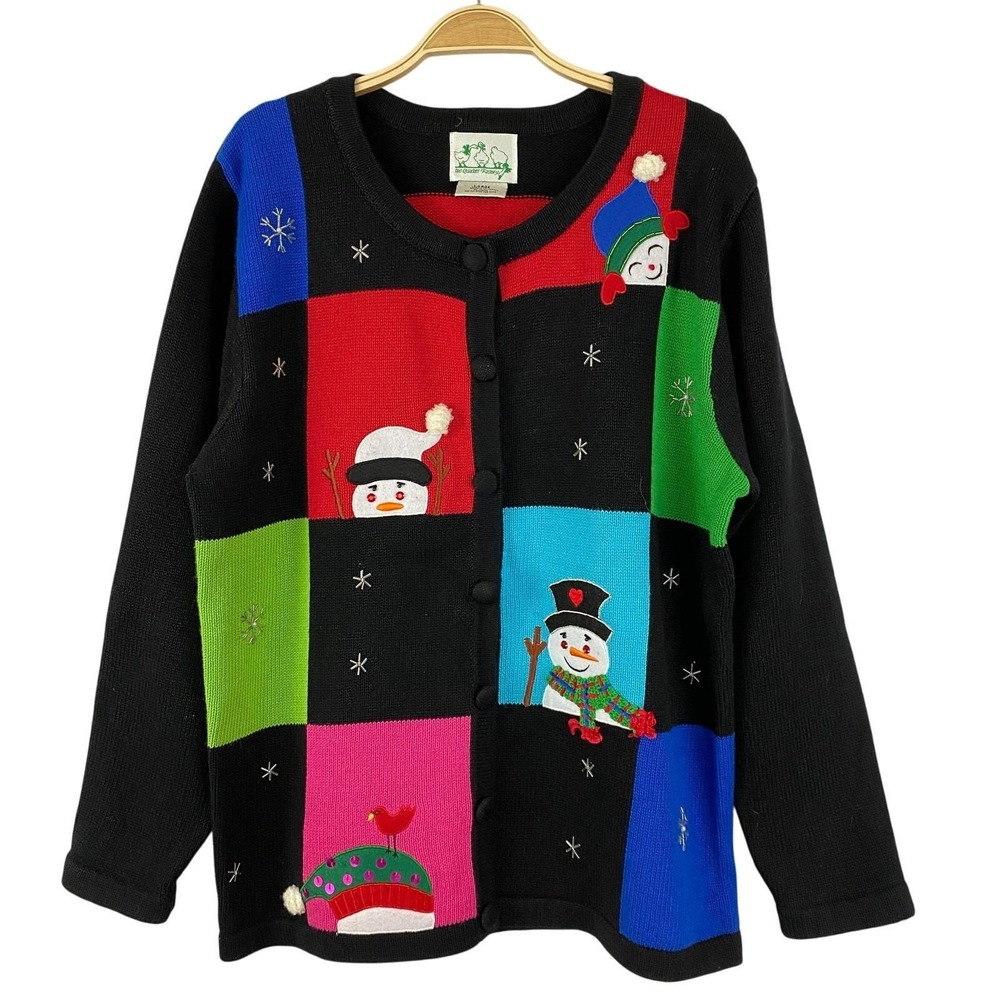 Quacker Factory Patchwork Cardigan Ugly Sweater Women L Multicolor Snowman